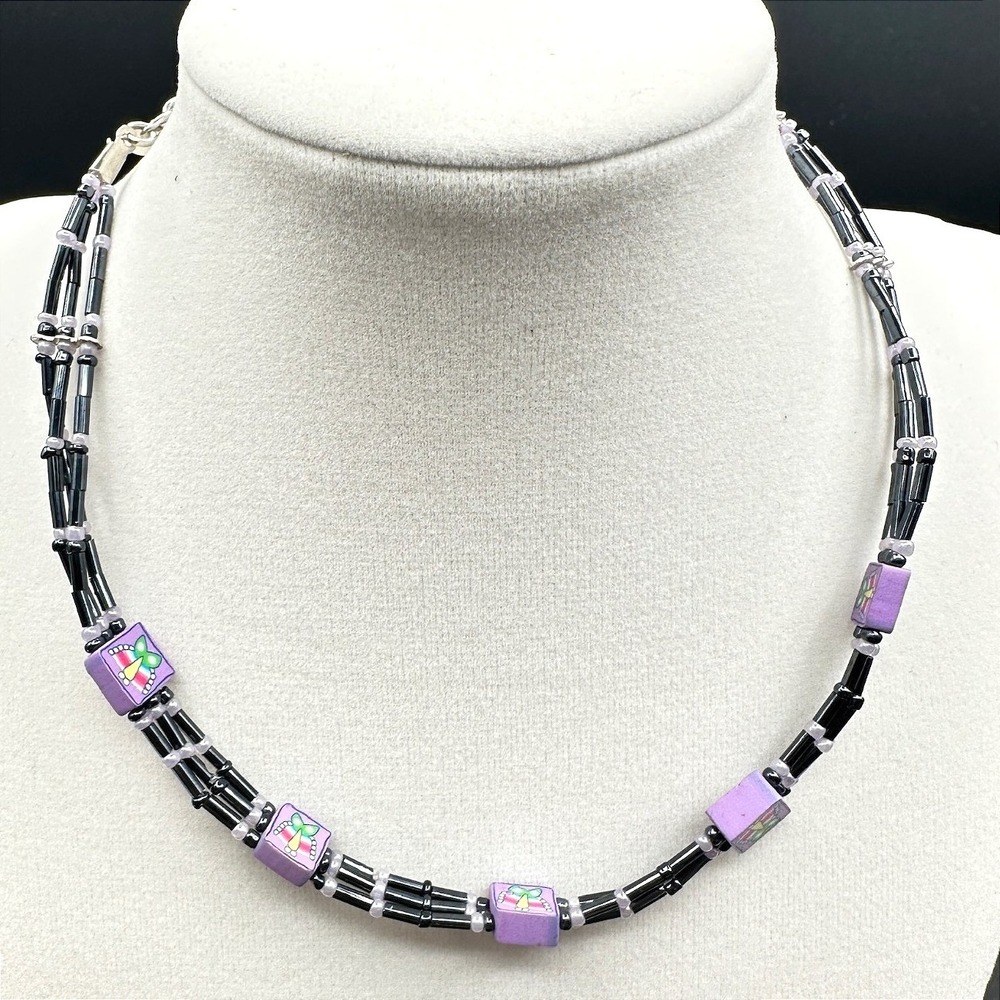 Vintage Silver Tone Panama Jack Purple Lilac Iridescent Hematite Rubber Cube Y2K